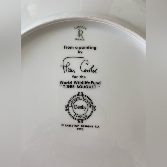 Vtg Denby Limoges Fleur Cowles TIGER BOUQUET Plate -Pink Rim World Wildlife Fund - Picture 7 of 9